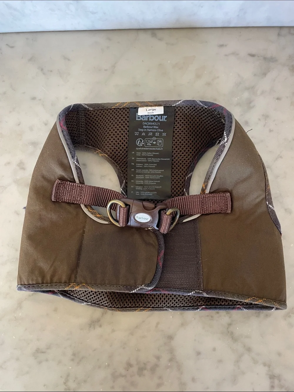 BARBOUR England Olive and Brown Dog Wax Step In Harness with Plaid Trim Large